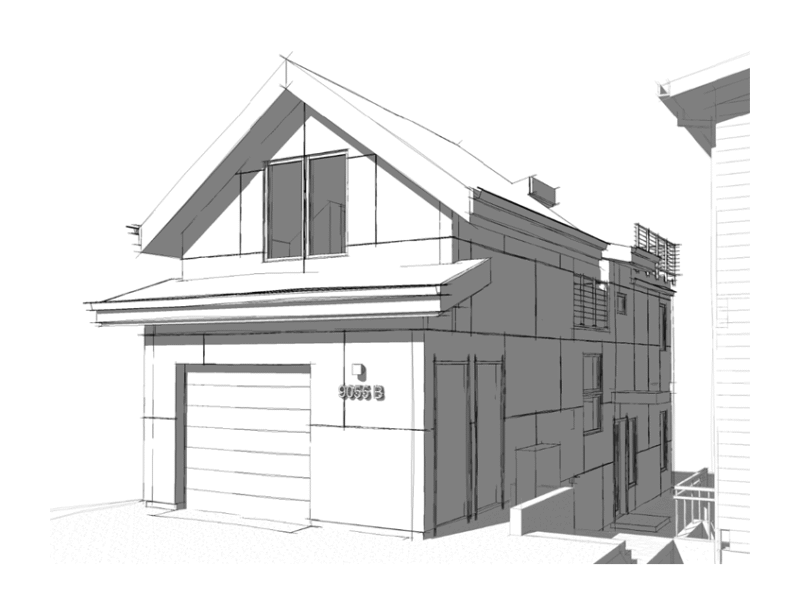 Black and white sketch of a detached accessory dwelling unit