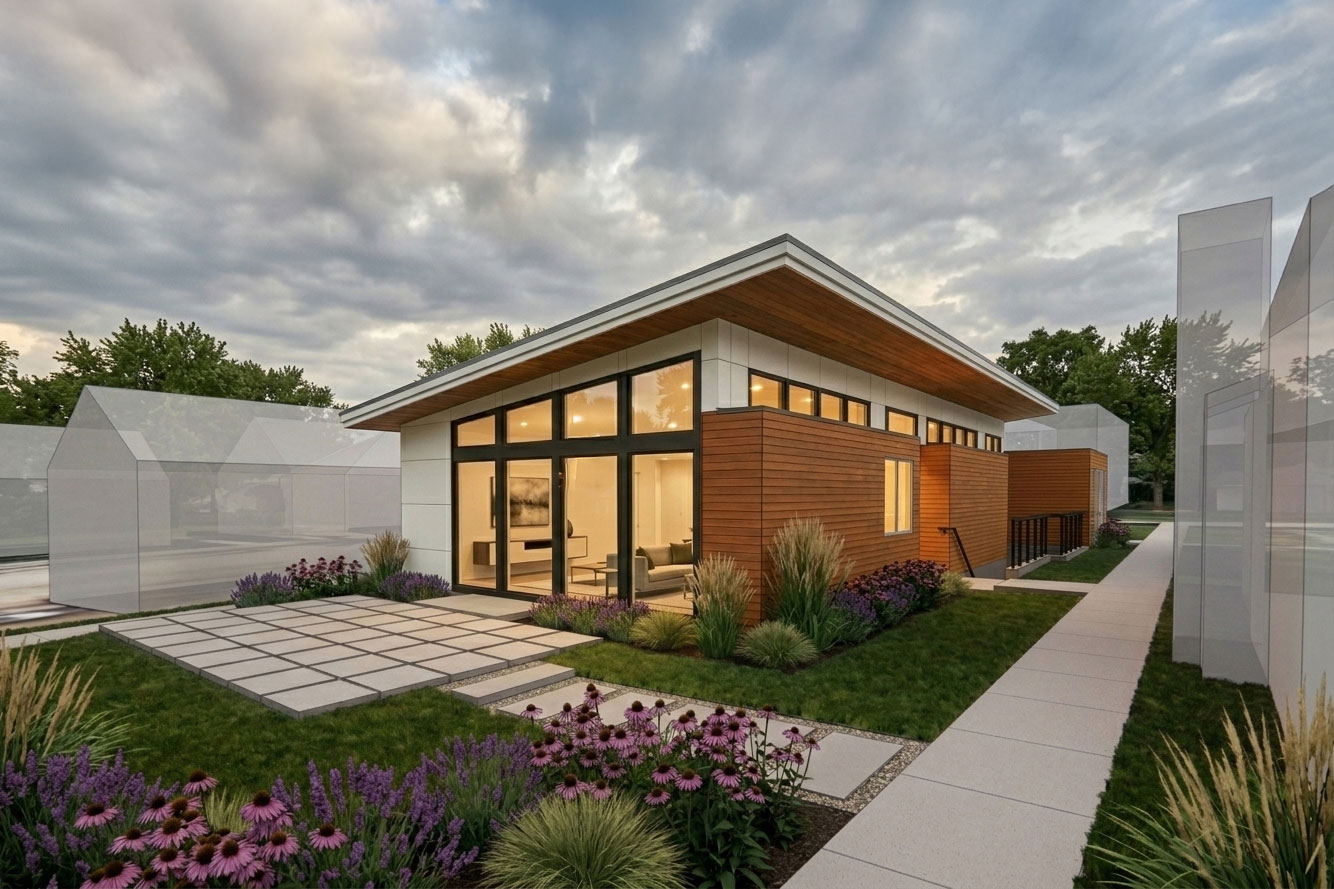 A modern one-story DADU in a Seattle single family neighborhood. Modern Pacific Northwest design and detailing with natural and modern details.