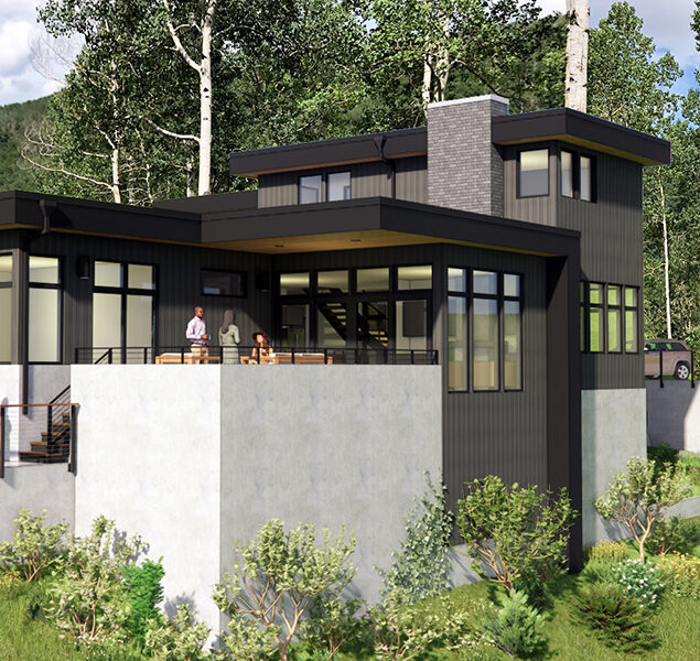 rendering of prefabricated modular mountain home with terraced patios on steep site